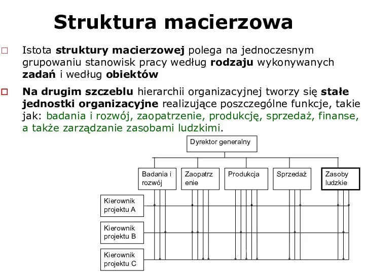 Struktura macierzowa Istota struktury macierzowej polega na jednoczesnym grupowaniu stanowisk