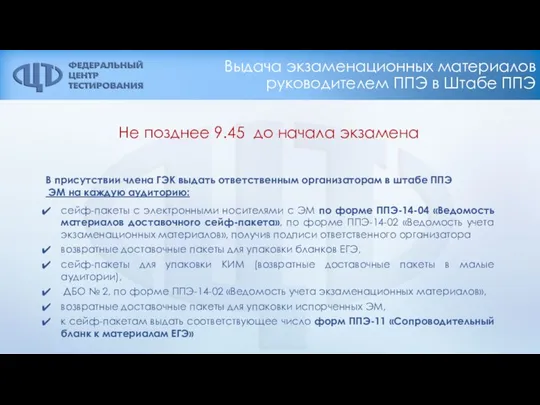 Выдача экзаменационных материалов руководителем ППЭ в Штабе ППЭ В присутствии