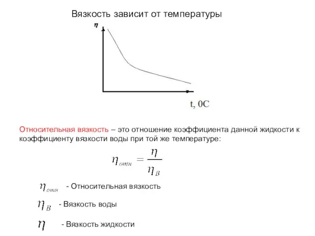 Относительная вязкость – это отношение коэффициента данной жидкости к коэффициенту вязкости воды при той же температуре: