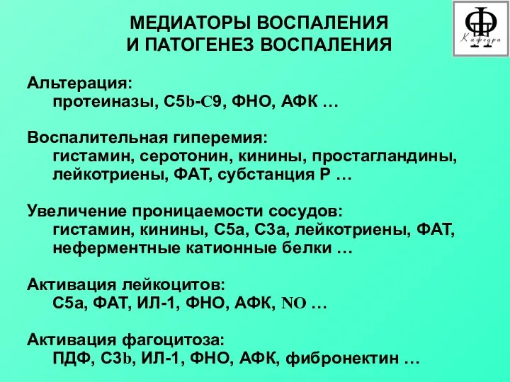 МЕДИАТОРЫ ВОСПАЛЕНИЯ И ПАТОГЕНЕЗ ВОСПАЛЕНИЯ Альтерация: протеиназы, С5b-C9, ФНО, АФК