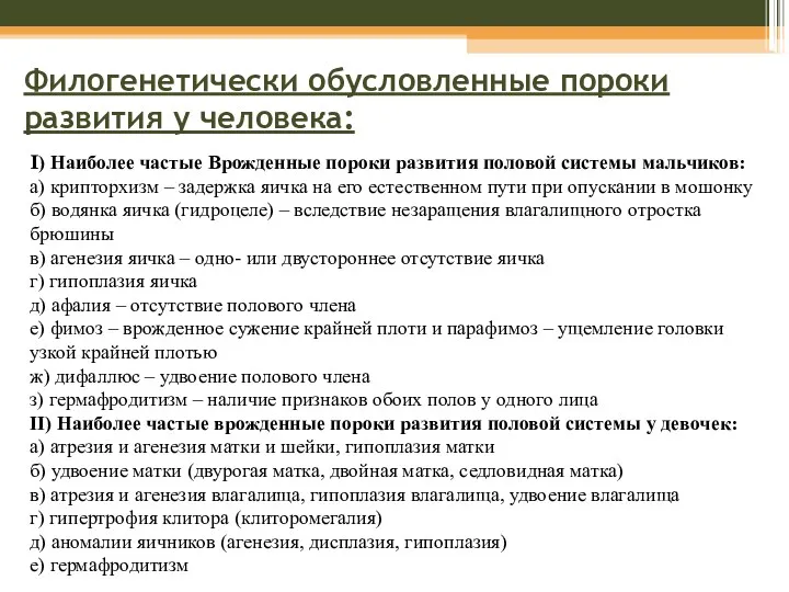 Филогенетически обусловленные пороки развития у человека: I) Наиболее частые Врожденные