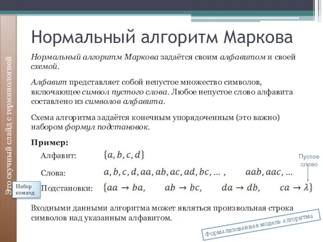 Нормальный алгоритм Маркова Это скучный слайд с терминологией Нормальный алгоритм