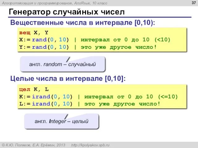 Генератор случайных чисел Вещественные числа в интервале [0,10): вещ X,