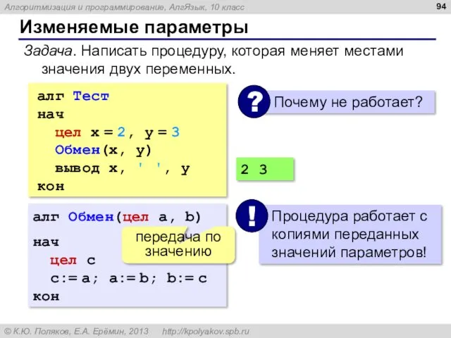 Изменяемые параметры Задача. Написать процедуру, которая меняет местами значения двух