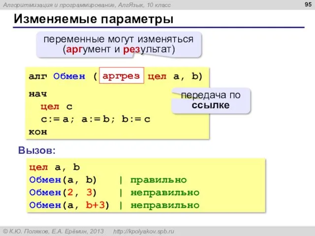 Изменяемые параметры алг Обмен ( цел a, b) нач цел