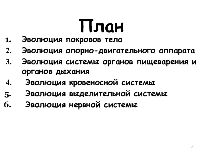 План Эволюция покровов тела Эволюция опорно-двигательного аппарата Эволюция системы органов