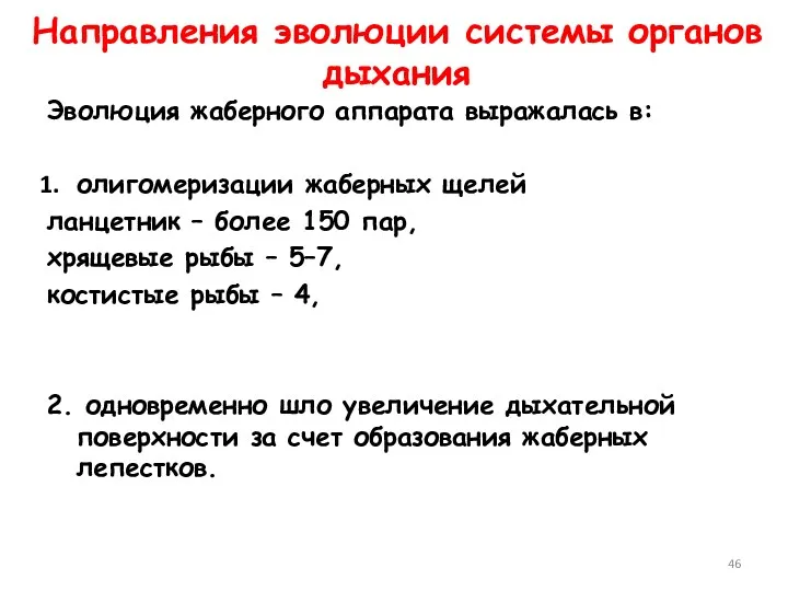 Направления эволюции системы органов дыхания Эволюция жаберного аппарата выражалась в: