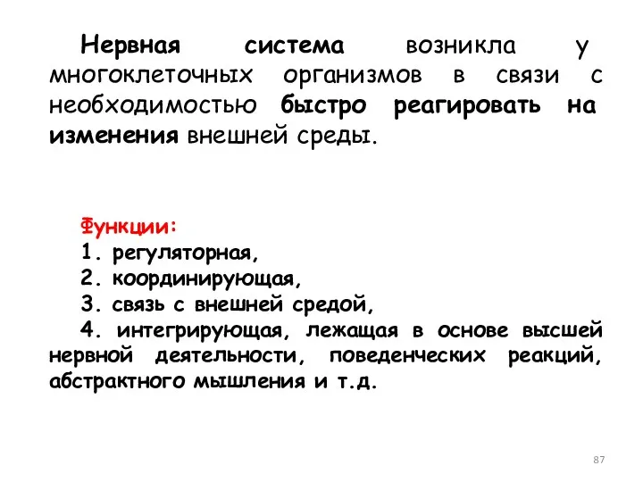 Нервная система возникла у многоклеточных организмов в связи с необходимостью