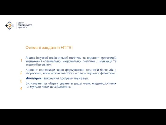 Основні завдання НТГЕІ Аналіз існуючої національної політики та надання пропозицій визначення оптимальної національної