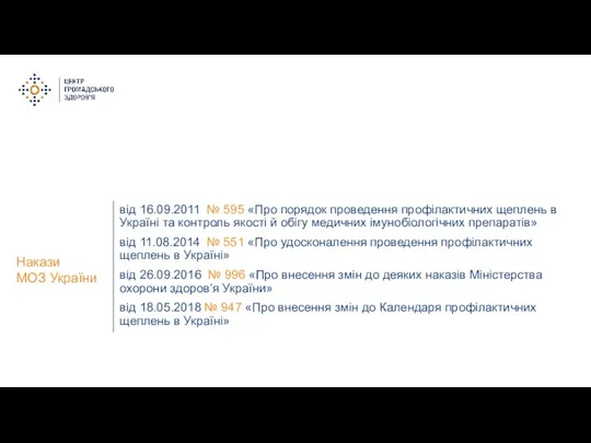 від 16.09.2011 № 595 «Про порядок проведення профілактичних щеплень в Україні та контроль