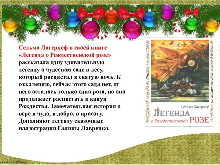 Сельма Лагерлеф в своей книге «Легенда о Рождественской розе» рассказала