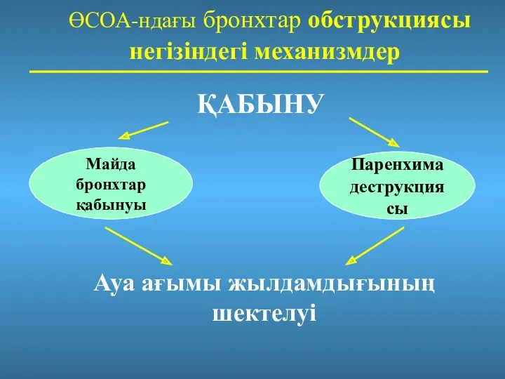 ӨСОА-ндағы бронхтар обструкциясы негізіндегі механизмдер ҚАБЫНУ Майда бронхтар қабынуы Паренхима деструкциясы Ауа ағымы жылдамдығының шектелуі