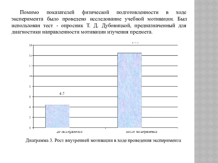 Помимо показателей физической подготовленности в ходе эксперимента было проведено исследование