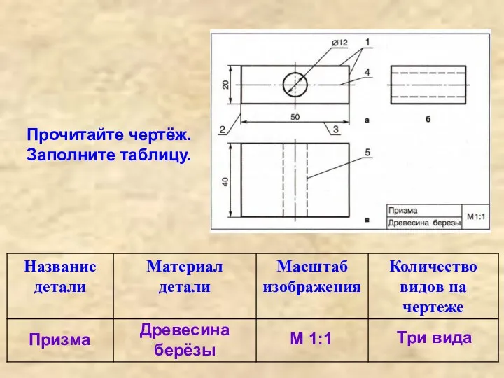 Прочитайте чертёж. Заполните таблицу. Призма Древесина берёзы М 1:1 Три вида