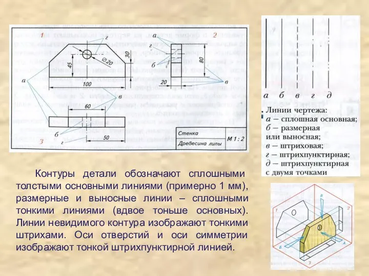 Контуры детали обозначают сплошными толстыми основными линиями (примерно 1 мм),