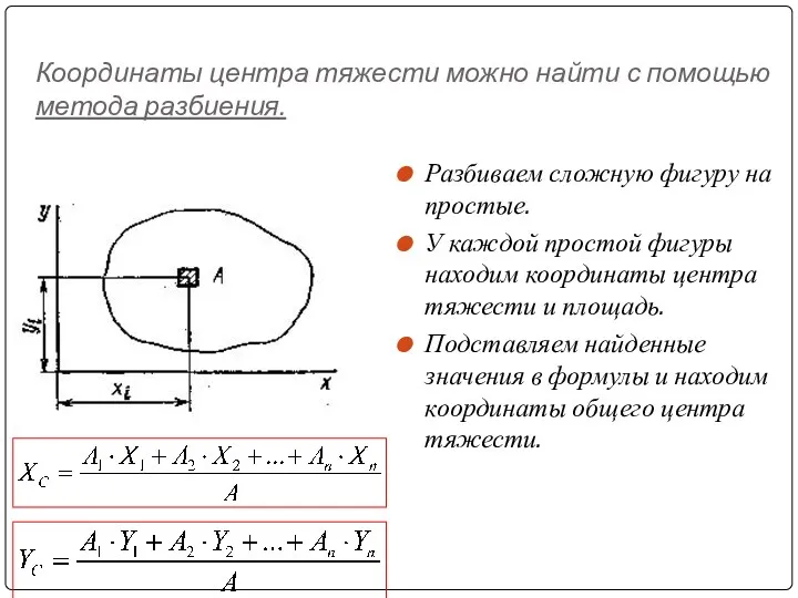 Координаты центра тяжести можно найти с помощью метода разбиения. Разбиваем