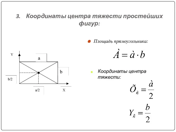 3. Координаты центра тяжести простейших фигур: Площадь прямоугольника: Координаты центра тяжести: