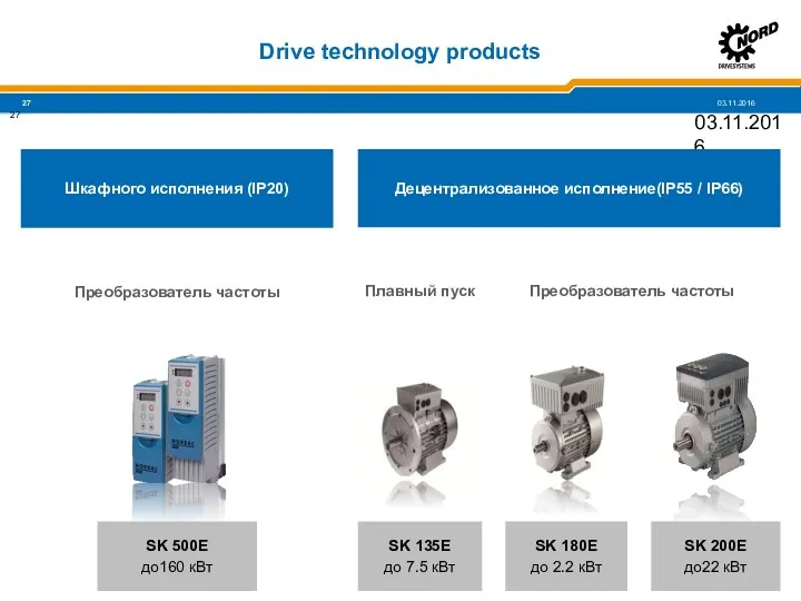 Drive technology products 03.11.2016 Шкафного исполнения (IP20) SK 500E до160