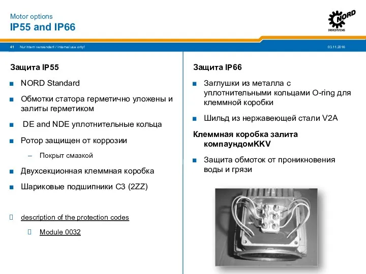 IP55 and IP66 Защита IP55 NORD Standard Обмотки статора герметично
