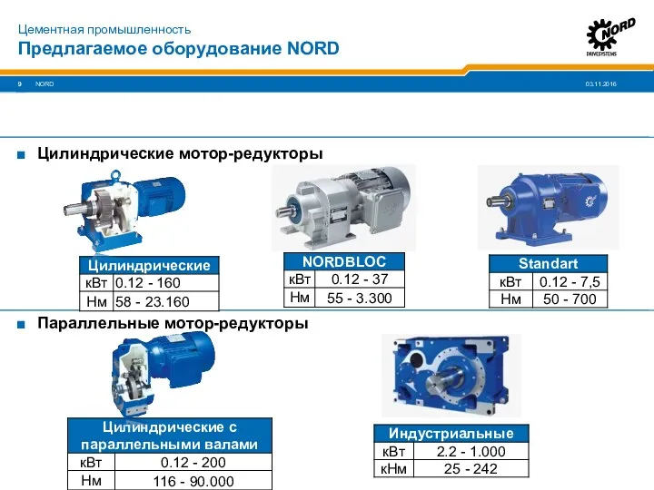 Предлагаемое оборудование NORD NORD Цементная промышленность Цилиндрические мотор-редукторы Параллельные мотор-редукторы