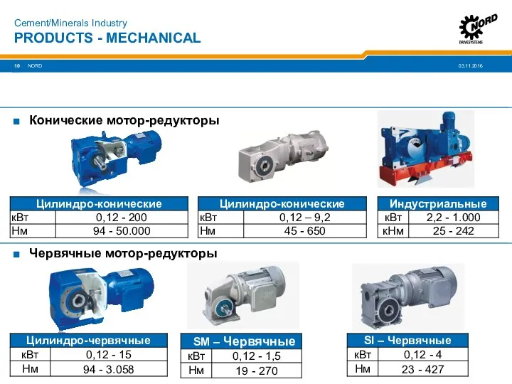 PRODUCTS - MECHANICAL NORD Cement/Minerals Industry Конические мотор-редукторы Червячные мотор-редукторы