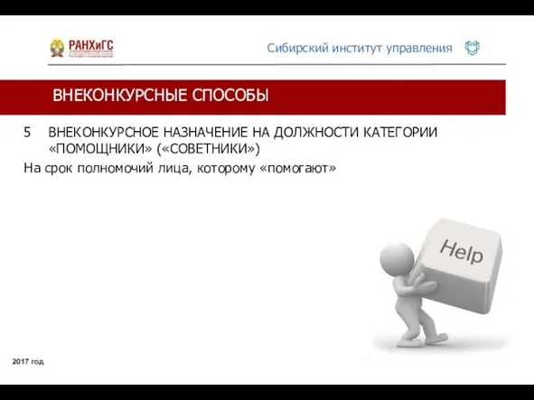 ВНЕКОНКУРСНЫЕ СПОСОБЫ 2017 год ВНЕКОНКУРСНОЕ НАЗНАЧЕНИЕ НА ДОЛЖНОСТИ КАТЕГОРИИ «ПОМОЩНИКИ»