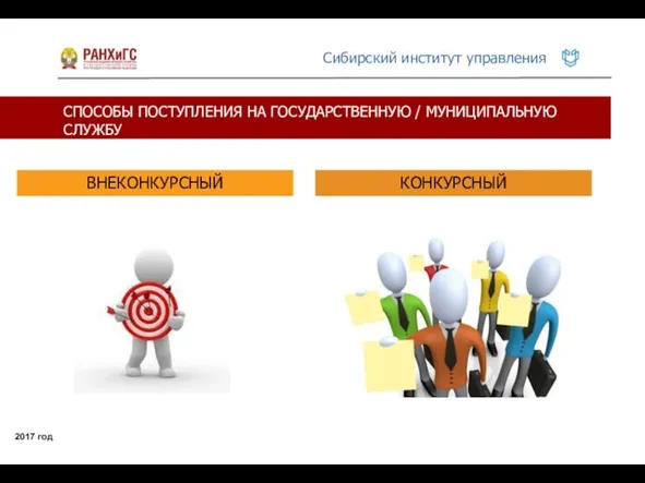 СПОСОБЫ ПОСТУПЛЕНИЯ НА ГОСУДАРСТВЕННУЮ / МУНИЦИПАЛЬНУЮ СЛУЖБУ 2017 год ВНЕКОНКУРСНЫЙ КОНКУРСНЫЙ