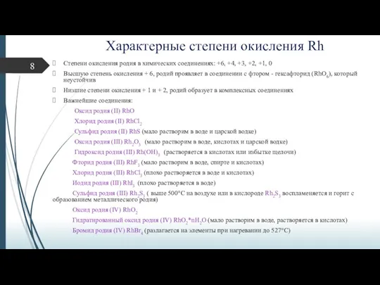 Характерные степени окисления Rh Степени окисления родия в химических соединениях: