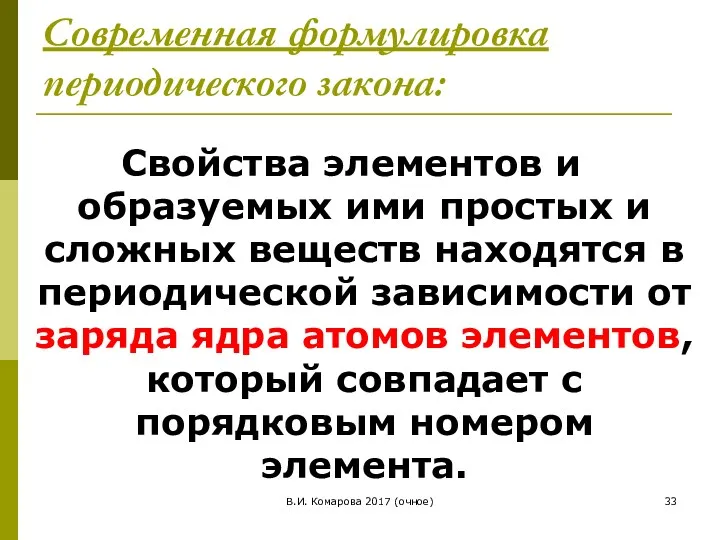 В.И. Комарова 2017 (очное) Современная формулировка периодического закона: Свойства элементов