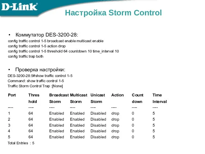 Настройка Storm Control Коммутатор DES-3200-28: config traffic control 1-5 broadcast enable multicast enable