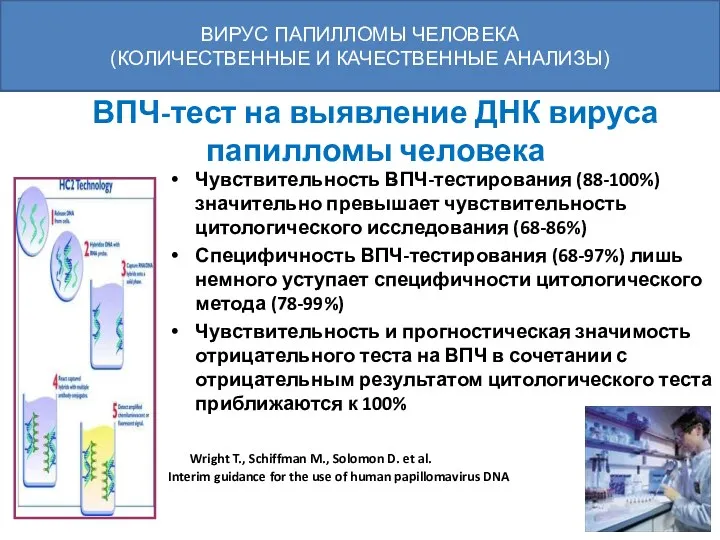 - Чувствительность ВПЧ-тестирования (88-100%) значительно превышает чувствительность цитологического исследования (68-86%)