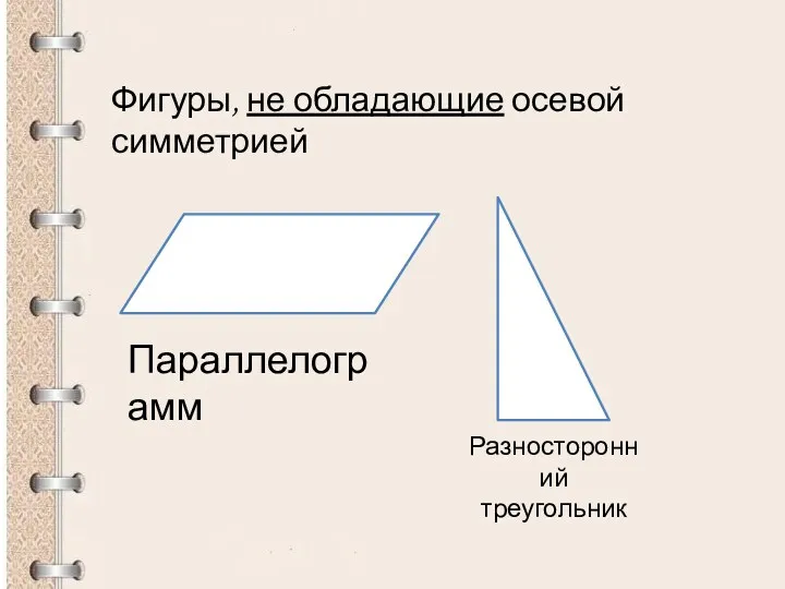 Фигуры, не обладающие осевой симметрией Параллелограмм Разносторонний треугольник