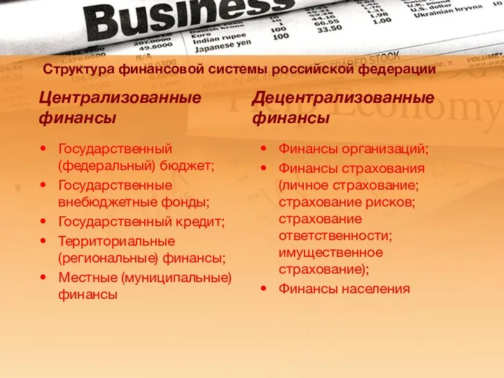 Структура финансовой системы российской федерации Централизованные финансы Государственный (федеральный) бюджет;