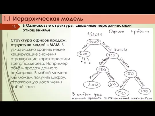 1.1 Иерархическая модель 6 Одинаковые структуры, связанные иерархическими отношениями Структура офисов продаж, структура