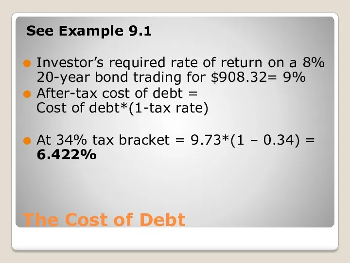 The Cost of Debt See Example 9.1 Investor’s required rate