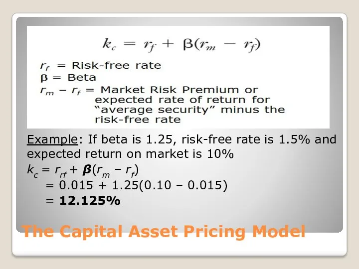 The Capital Asset Pricing Model Example: If beta is 1.25,