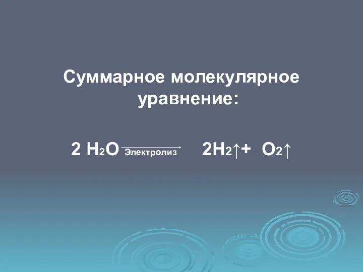 Суммарное молекулярное уравнение: 2 Н2О Электролиз 2Н2↑+ О2↑