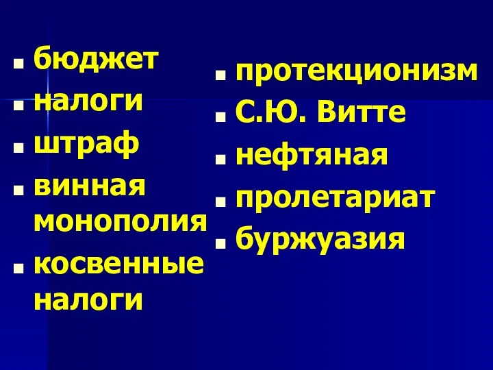 бюджет налоги штраф винная монополия косвенные налоги протекционизм С.Ю. Витте нефтяная пролетариат буржуазия