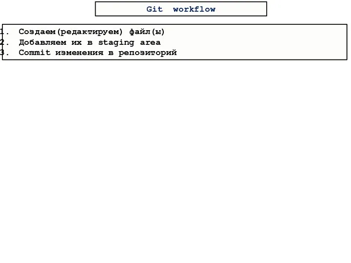 Git workflow Создаем(редактируем) файл(ы) Добавляем их в staging area Commit изменения в репозиторий