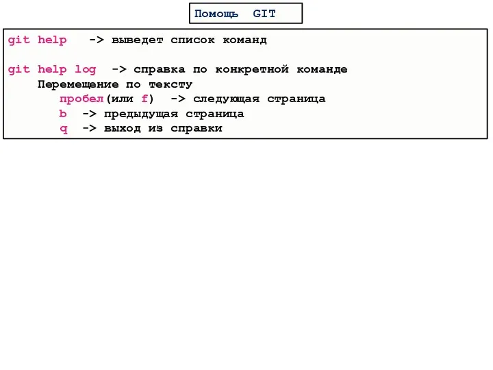 Помощь GIT git help -> выведет список команд git help