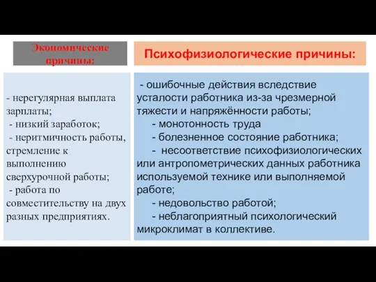 Экономические причины: - нерегулярная выплата зарплаты; - низкий заработок; -