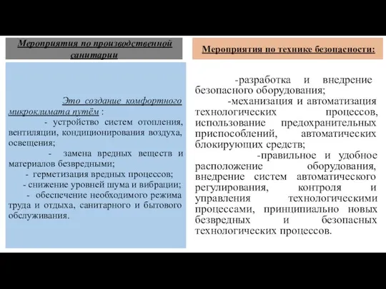 Мероприятия по производственной санитарии Мероприятия по технике безопасности: Это создание