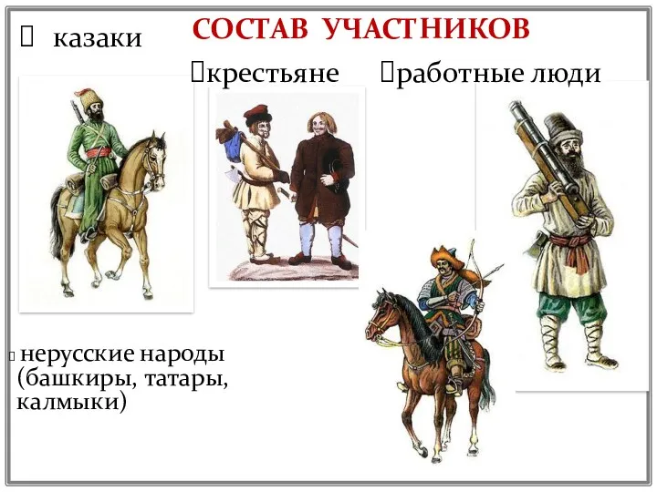СОСТАВ УЧАСТНИКОВ казаки крестьяне работные люди нерусские народы (башкиры, татары, калмыки)