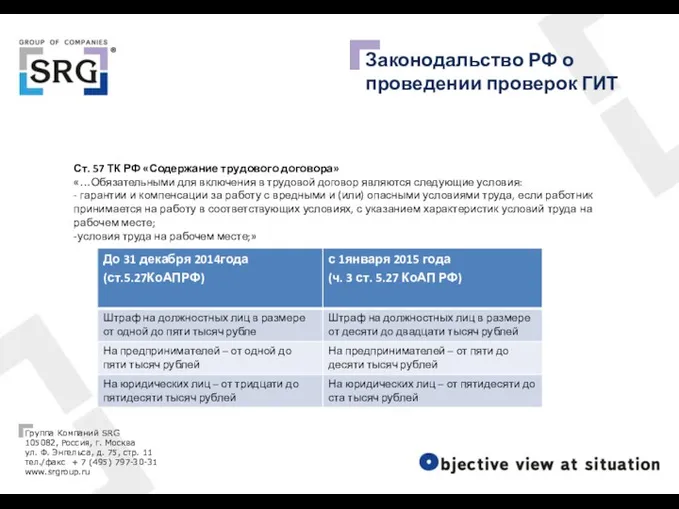 Законодальство РФ о проведении проверок ГИТ Ст. 57 ТК РФ