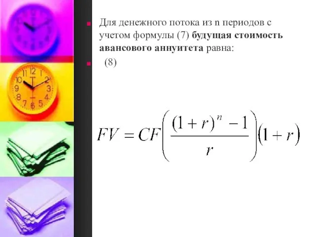 Для денежного потока из n периодов с учетом формулы (7) будущая стоимость авансового аннуитета равна: (8)