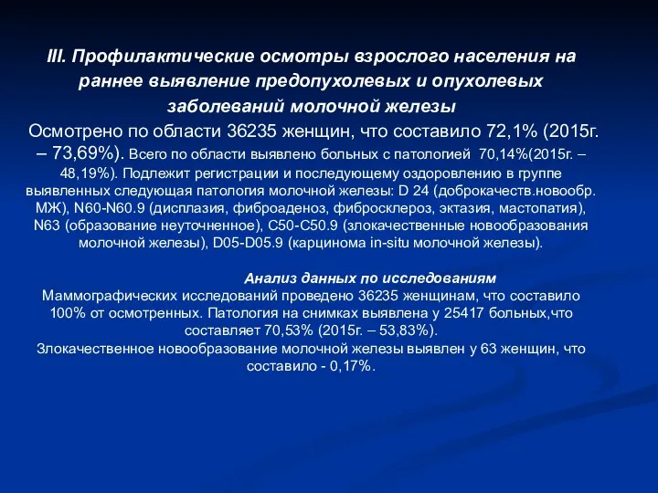 ІІІ. Профилактические осмотры взрослого населения на раннее выявление предопухолевых и