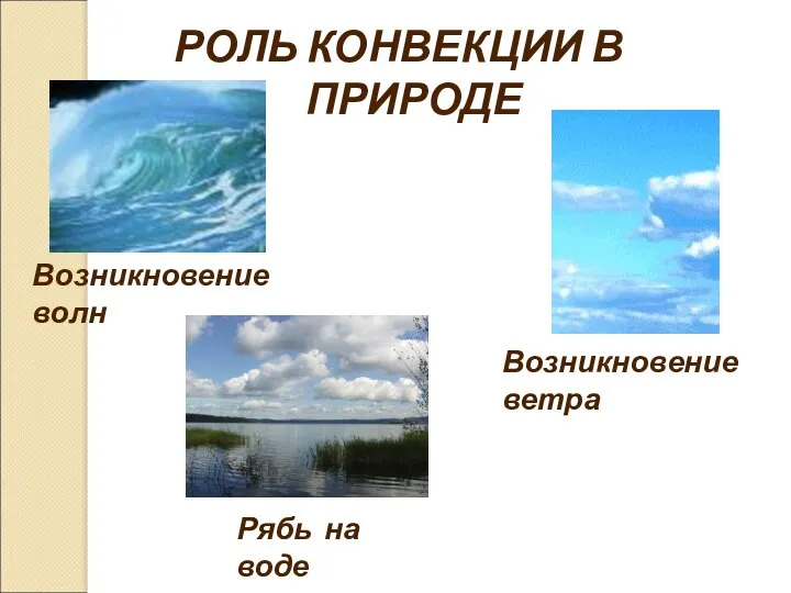 Возникновение волн Возникновение ветра Рябь на воде РОЛЬ КОНВЕКЦИИ В ПРИРОДЕ