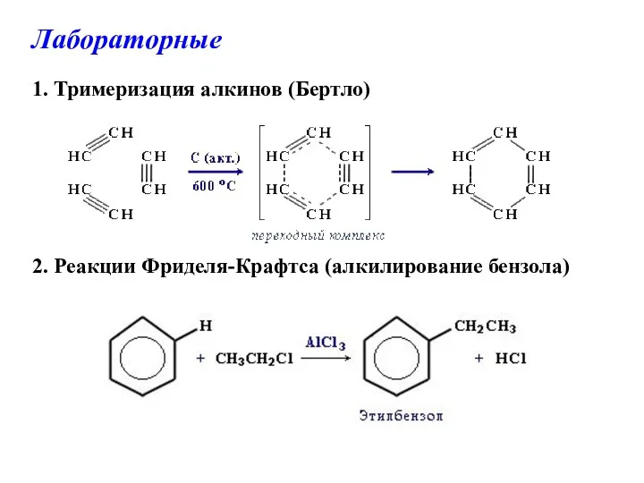 Лабораторные 1. Тримеризация алкинов (Бертло) 2. Реакции Фриделя-Крафтса (алкилирование бензола)