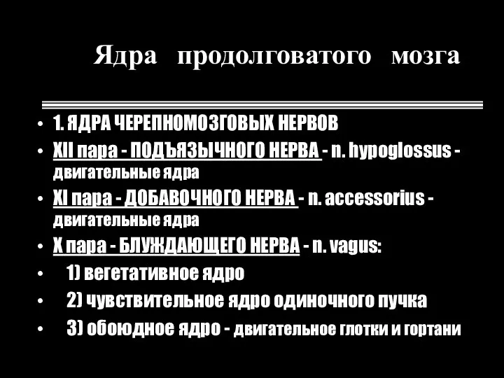 Ядра продолговатого мозга 1. ЯДРА ЧЕРЕПНОМОЗГОВЫХ НЕРВОВ XII пара -