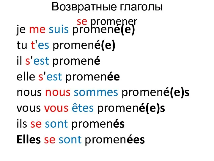 je me suis promené(e) tu t'es promené(e) il s'est promené